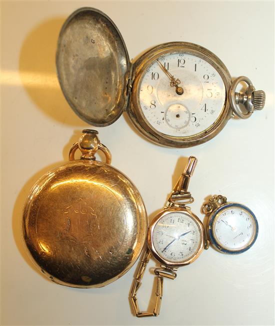 Gold plated watch and silver pocket watch and gold ladies watch and a fob